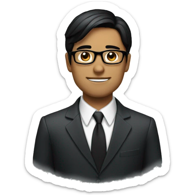 A man with glasses and a suit with straight black hair and a dark face sticker