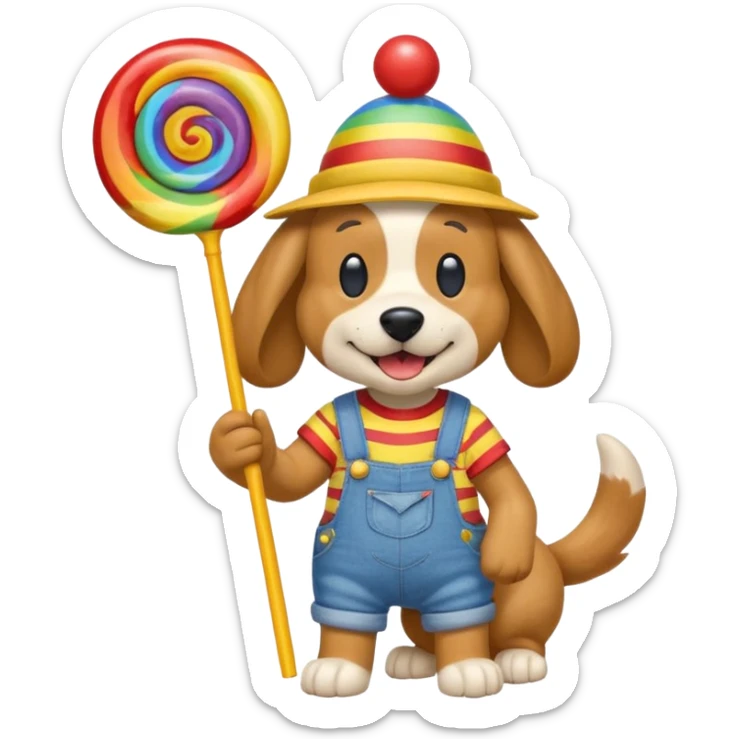 Generate a emoji of a dog with a comically large rainbow swirly lollipop with a goofy silly propeller hat, make the dog wear a striped bright yellow, red, and blue shirt with jean overalls sticker