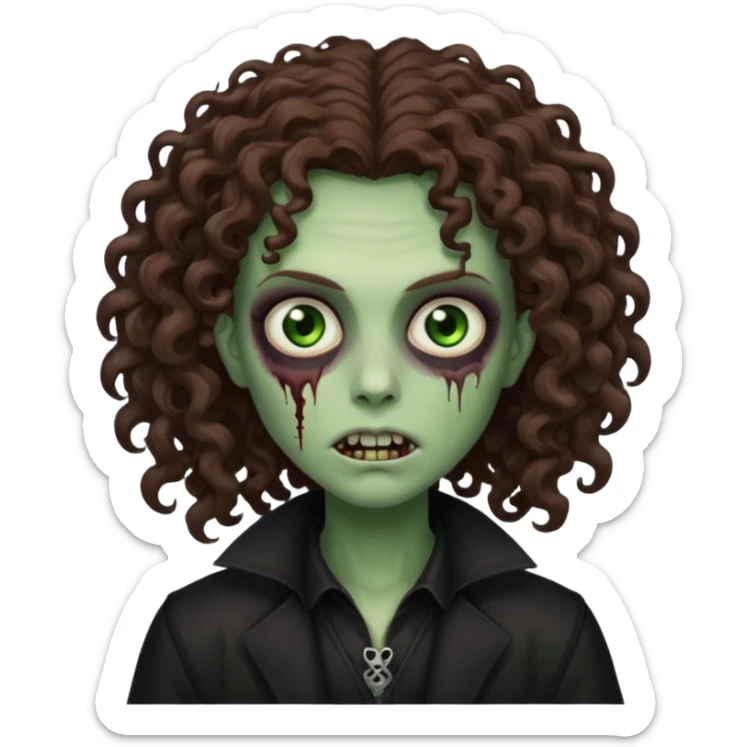 long curly haired zombie with brown hair color and green eye color, with dark vampire clothes sticker