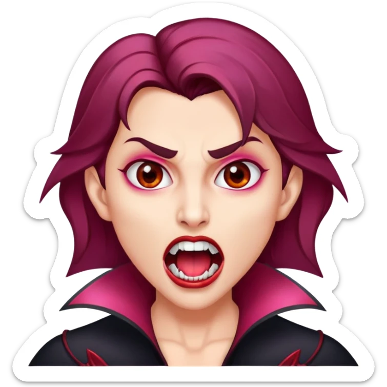 Uma vampira, com a boca aberta mostrando os caninos afiados. Olhos castanhos, cabelo com mechas vermelhas quase rosa. Rosto oval, tom de pele parda. sticker