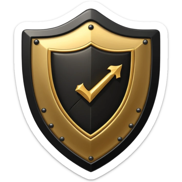 Black and gold emoji of a cracked shield reforming around a checklist with one strong tick, symbolising discipline rebuilt after failure, luxury minimal style, transparent background. sticker