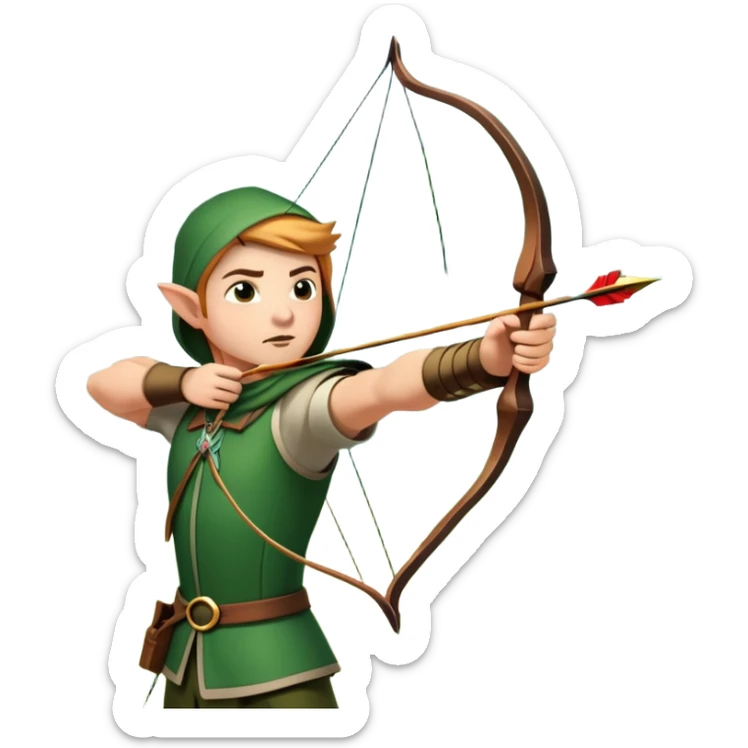 A skilled archer, resembling Robin Hood, drawing a bow and releasing an arrow towards a target. The scene captures the perfect moment of release, with the bowstring taut and the arrow flying toward the bullseye, set in a forest or archery range background. sticker