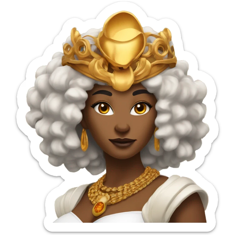 Create an emoji of a confident woman with voluminous lion-like hair, bold makeup, and gold jewelry, embodying the Leo zodiac sign with a regal expression and fiery energy. And a headgear of Leo sign sticker