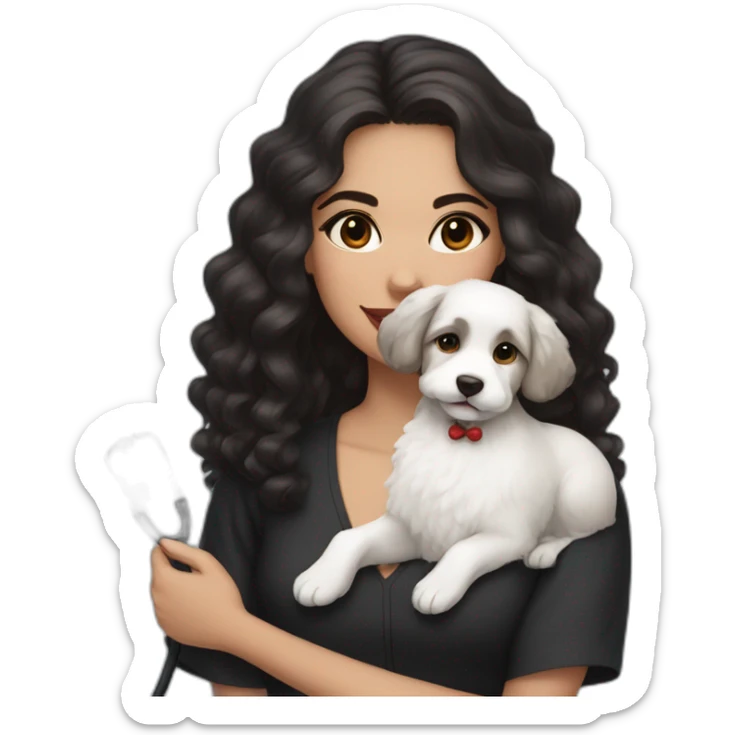 young moroccan woman with dark brown eyes, dark long curling hair, red lips, a black dress, a stethoscope and a white cotton of tulear dog on her laps sticker