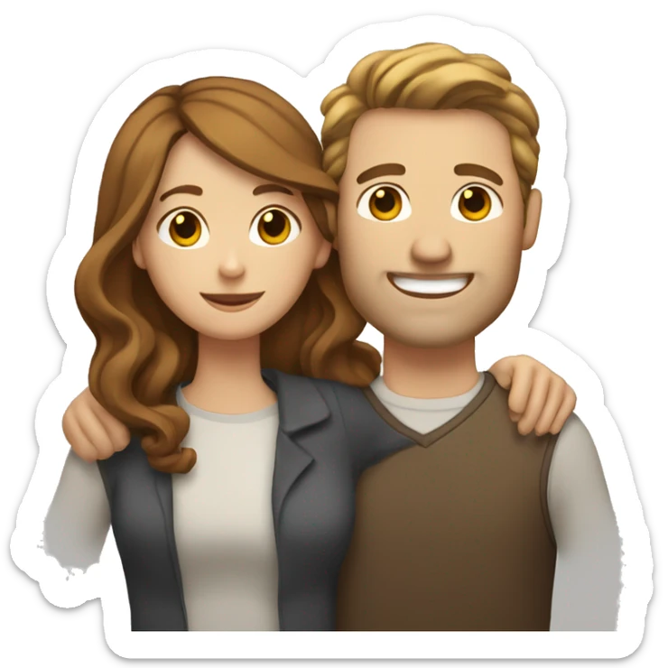 A white woman with brown wavy hair hugging a white man with brown straight hair sticker