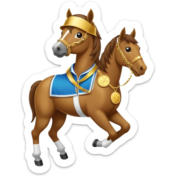 friendly anthropomorphised horse in a hip-hop outfit, wearing a gold medal sticker