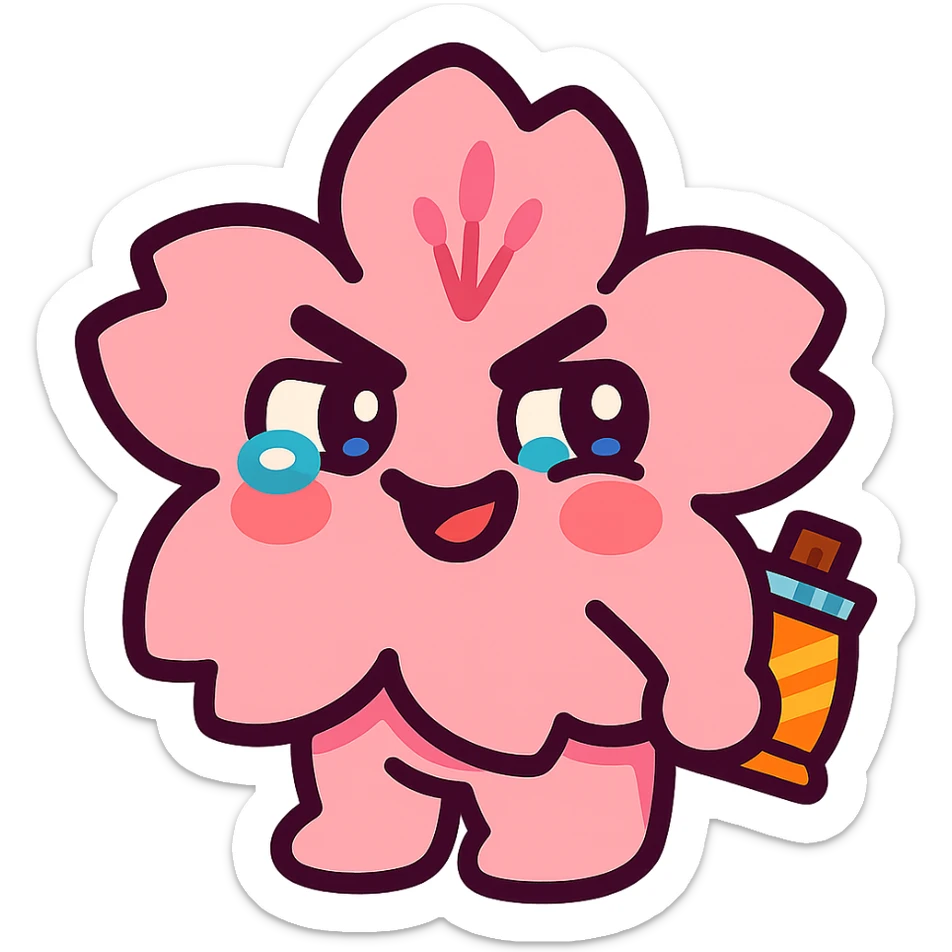 baby pink cherry blossom flower with teary eyes and a mischievous smile, hiding snacks behind its back, soft chubby body, kawaii face, vibrant-toon style sticker