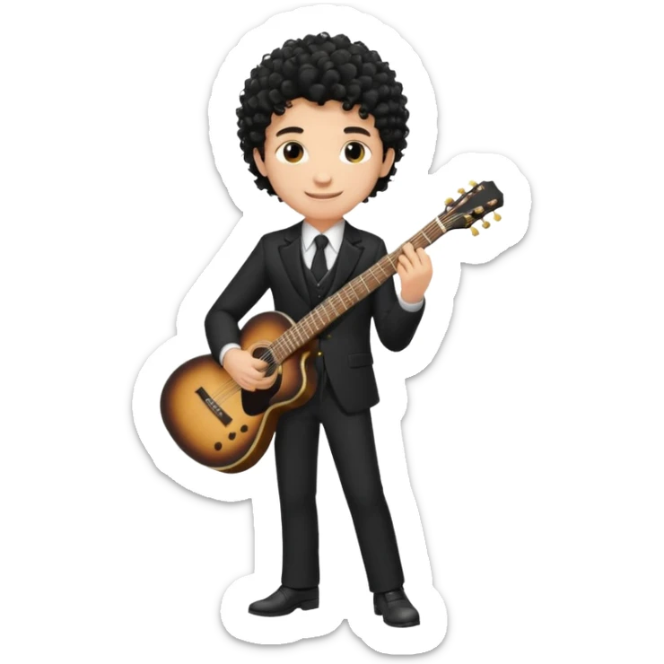 A white boy with black fade curly hair Smiling and holdijg a guitar in a black suit  sticker