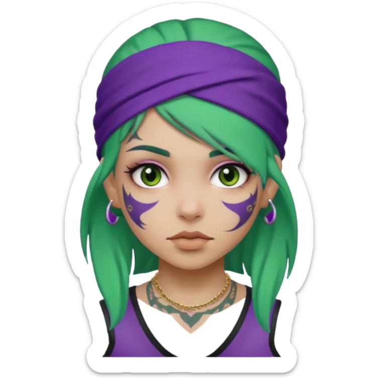 green hair with purple head bandana and lots of face tattoo girl sticker