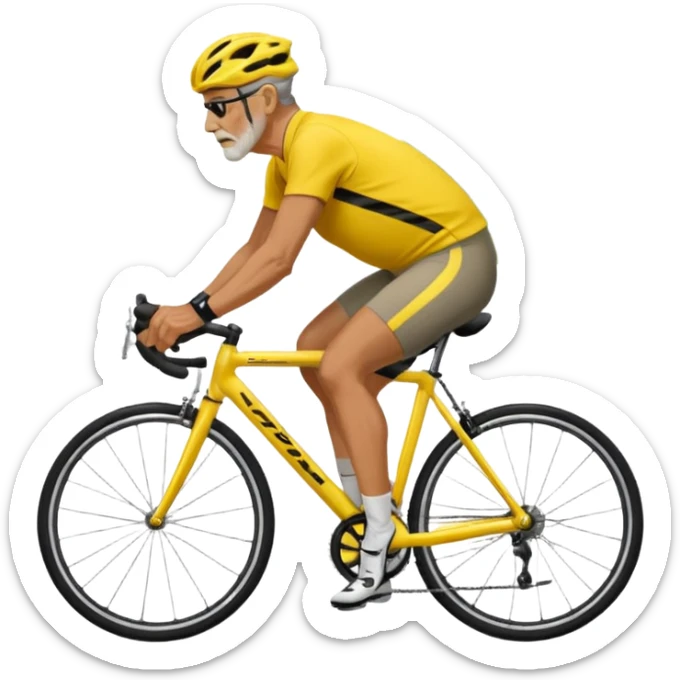 60-year-old man, about 225 lbs, in loose cycling clothes, yellow and black top, straddling grey road bike, graphic design with background as a road with trees sticker