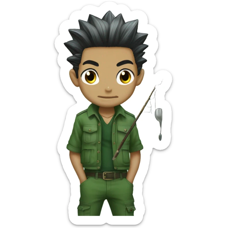Gon hxh more black than green hair with fishin rod and jajankenn rock sticker