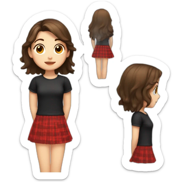 2d girl with brown hair and brown eyes a black shirt and a red checked skirt sitting sticker