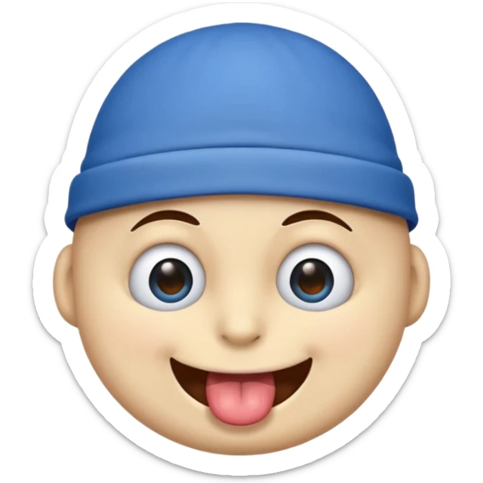 An emoji with a blue hat on its head and 1 blink and tongue sticking out sticker