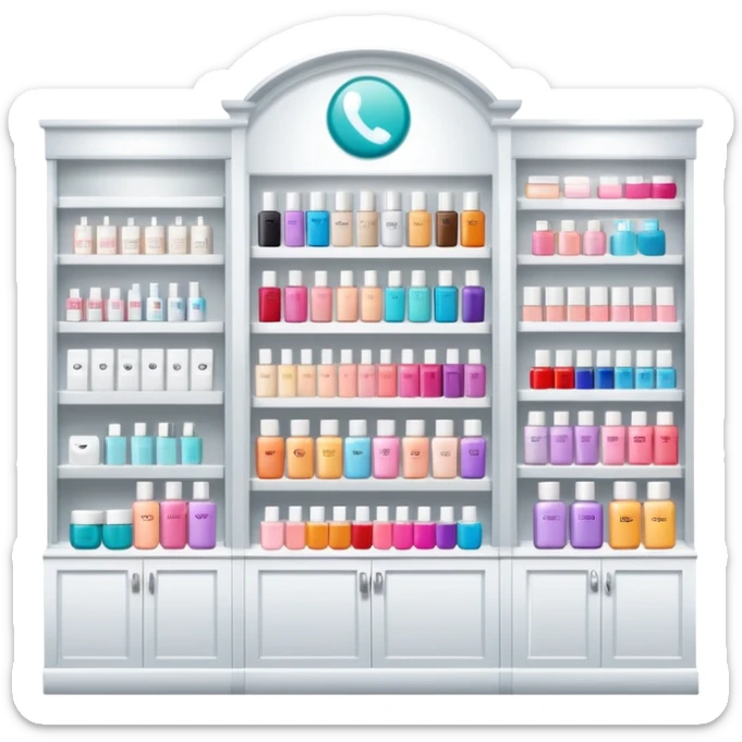 big beauty salon showcase with well-organized brand-labeled beauty products on a white shelves sticker