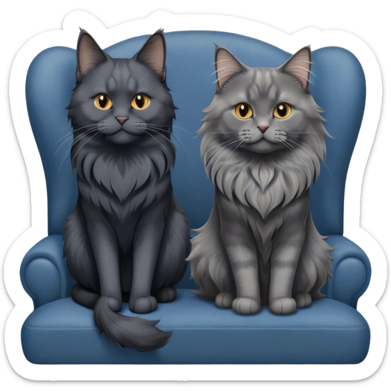 Portrait of a black smoke Maine Coon cat with long grey ear tufts, alongside a British Shorthair cat with a solid blue coat on sofa. Both cats with detailed fur textures and playful expressions. Soft, elegant background of room with warm, natural tones. Transparent background. sticker