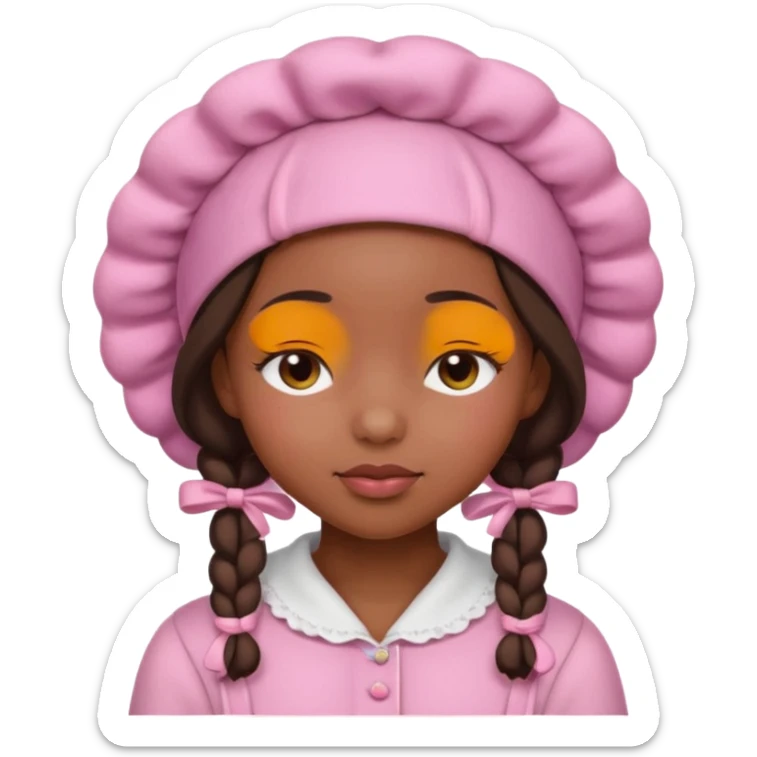 black girl with eyes closed wearing a pink bonnet inspired by Apple emoji style sticker