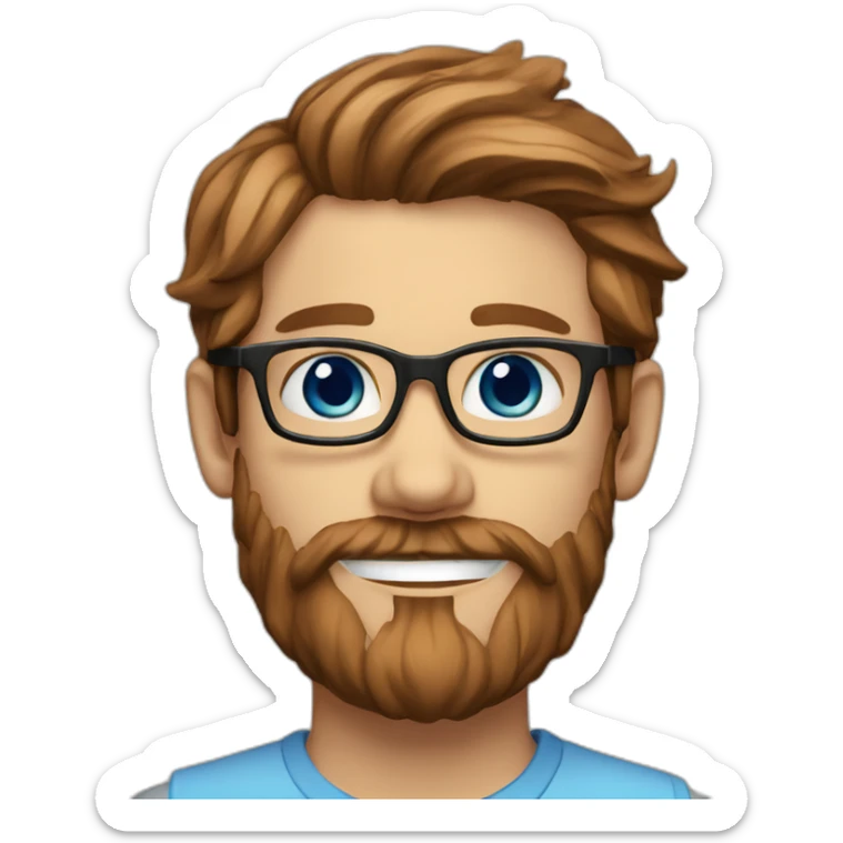 Scandinavian with blue eyes long and brown hair and a beard and red glasses and a big smile sticker