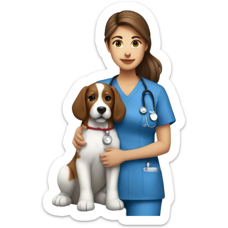 Nurse with long beautiful brown hair in blue scrubs wearing stethoscope with dog sitting next to her  sticker