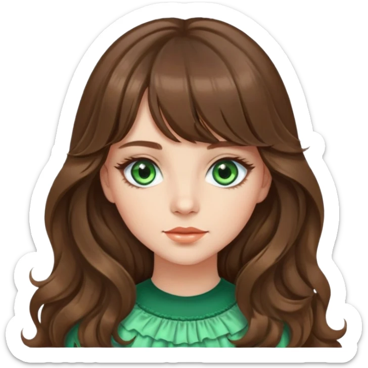 Girl with long brown wavy hair and curtain bangs and green eyes with long lashes sticker