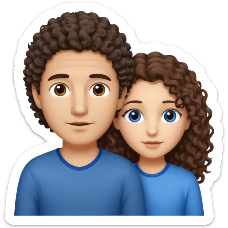 make a couple with the boy taller then the girl and the boy is mexican with brown eyes and brown hair slightly wavy/curly and some front hairs gray and then girl with blue eyes with brown long curly hair and she is white  sticker