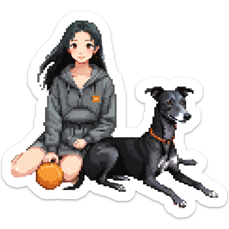 A very beautiful and attractive 25-year-old Japanese woman with long flowing black hair and a SOLID DARK GREY whippet sitting together on a beach during a beautiful sunset. The whippet MUST be COMPLETELY SOLID DARK GREY with ABSOLUTELY NO WHITE MARKINGS ANYWHERE - no white chest, no white face, no white paws, no white tip on tail - ENTIRELY ONE SOLID DARK GREY COLOR throughout the entire dog. Orange and red sunset sky over the ocean, sandy beach in the foreground. sticker