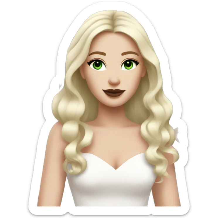 White bride with long light blonde hair and dark green eyes with light pink peonies in hair white skin and pink lips  sticker