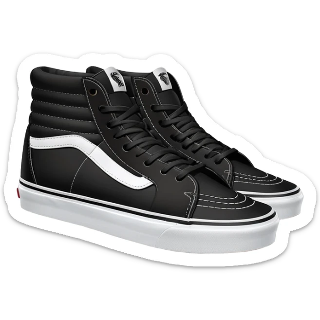 Clean minimalist iOS emoji style pair of black Vans Sk8-Hi high tops with one behind the other, simple forms, flat design, essential white stripe detail sticker