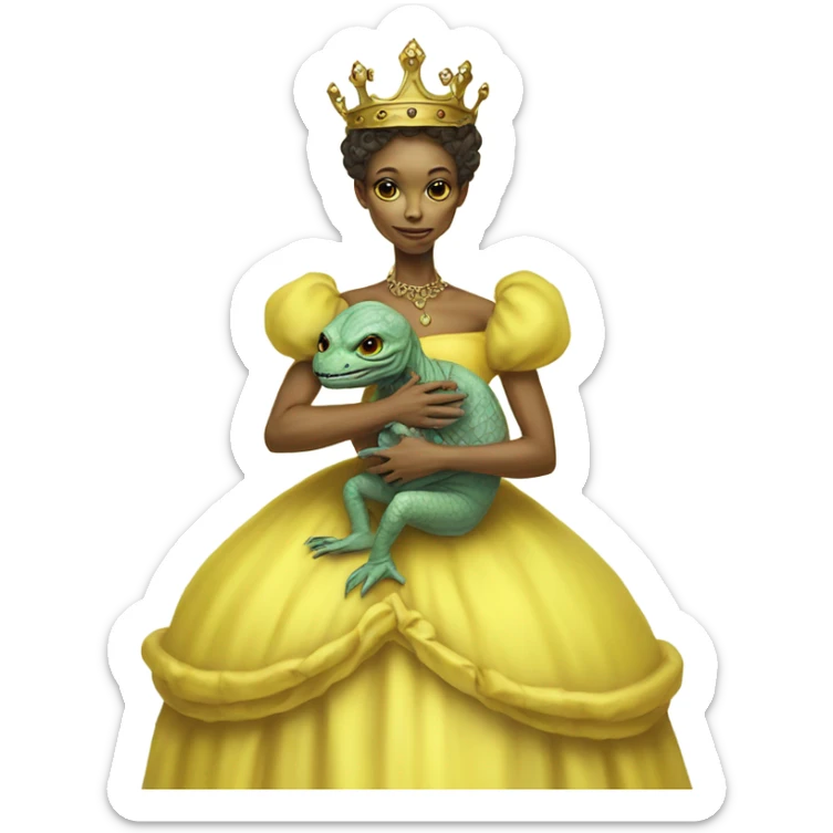  Reptilian alien woman, full body, in victorian jellow elegant dress, have a crown,holds a newborn humman baby sticker