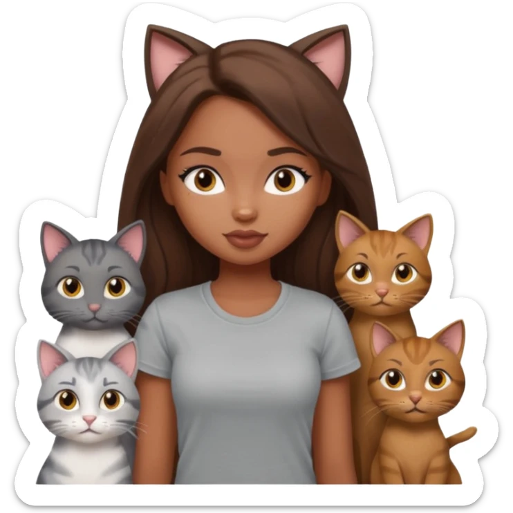 a pretty bratz dusky girl with long brown hair with six cats nd wearing a grey tshirt sticker