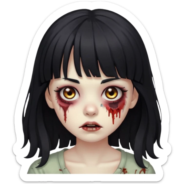 Zombie girl, black hair with bangs, slightly wavy,long hair,long eyelashes, black eyes,iOS style sticker