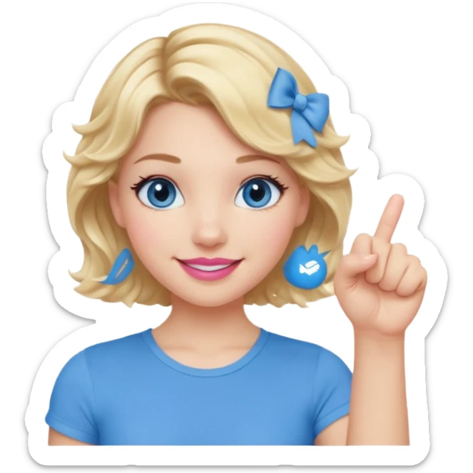 Girl Blonde short wavy hair,  blue eyes, cute blue top, long lashes, pink lips, smiling, fist bump sticker