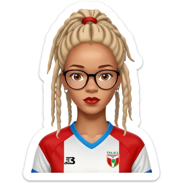 Rihanna freckles on nose and soccer woman dreadlocks Anguilla red and white jersey and cateye eyeglasses sticker