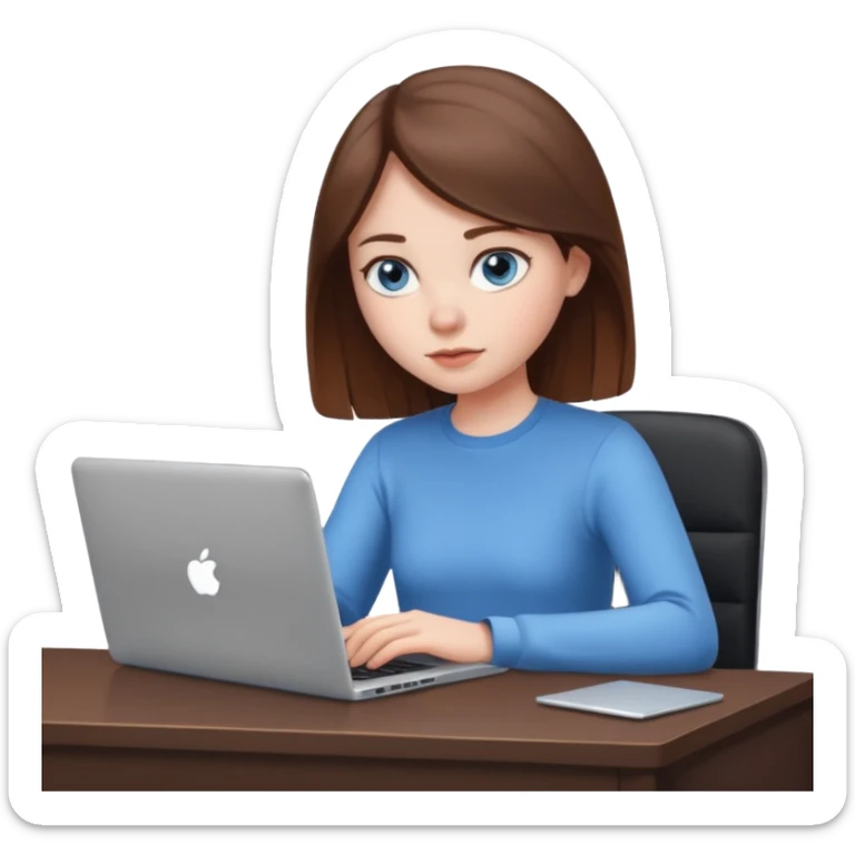 girl with blue eyes and brown hair, white skin, focused on her laptop, modern workspace sticker