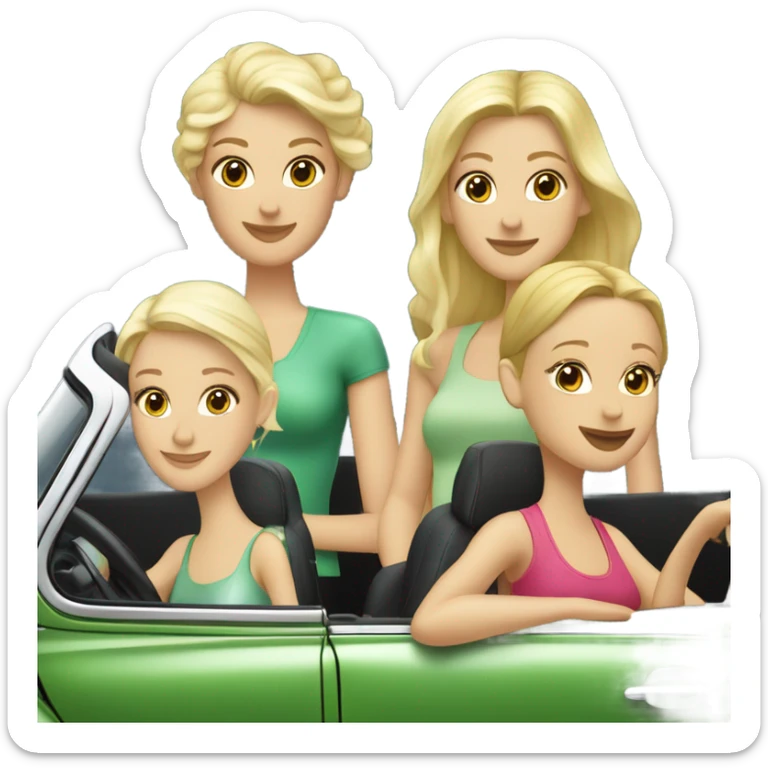 Two Caucasian blonde girls and two Caucasian brunette girls in a green VW beetle convertible sticker