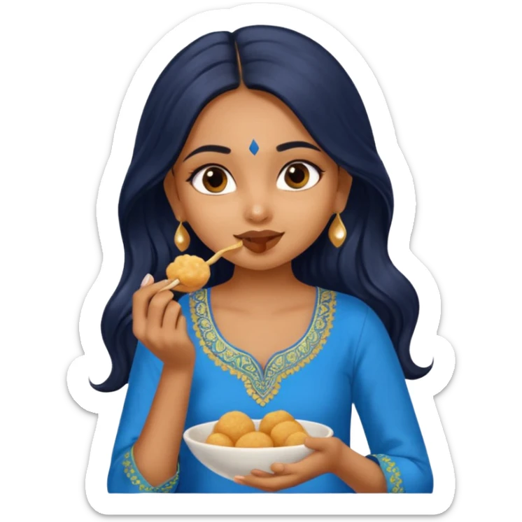 a pretty tan indian bratz girl. eyeliner on, wearing a blue kurti, eating golgappa. NO SPOON. wavy long black hair sticker