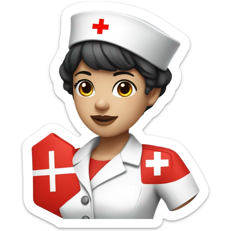 pixie cut black straight hair female nurse  hat with red cross sign in the middle wearing dress
pale skin color sticker