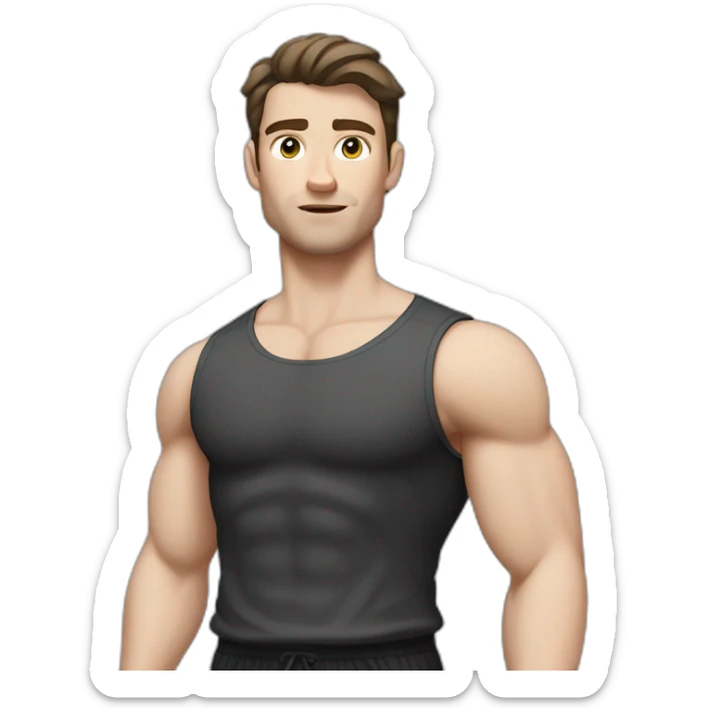 Confused Pale skinned Fit Man With the biceps and dark brown hair in black shirt, gray sports shorts and white Sneakers sticker