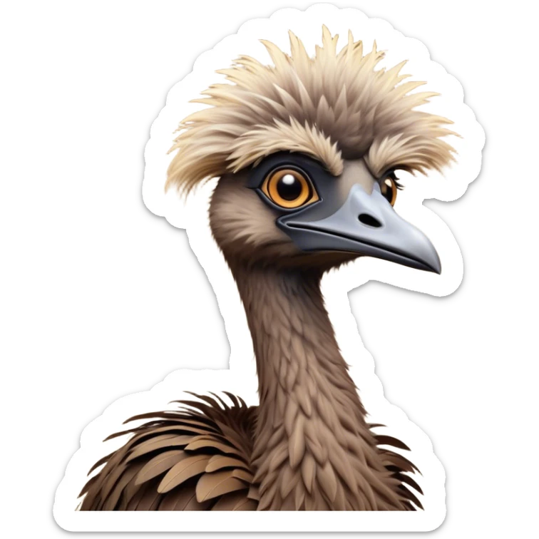 Cinematic Noble Emu Portrait Emoji, Poised and regal, with a tall, slender build and a shaggy, well-groomed fur of earthy brown feathers, a long elegant neck and deep-set soulful eyes, Simplified yet sharp and sophisticated features, highly detailed, glowing with a soft, dignified glow, high shine, intelligent and stately, stylized with an air of outback majesty, focused and attentive, soft glowing outline, capturing the essence of a watchful and confident bird, so majestic it feels as though it could stride out of the screen with effortless authority! sticker