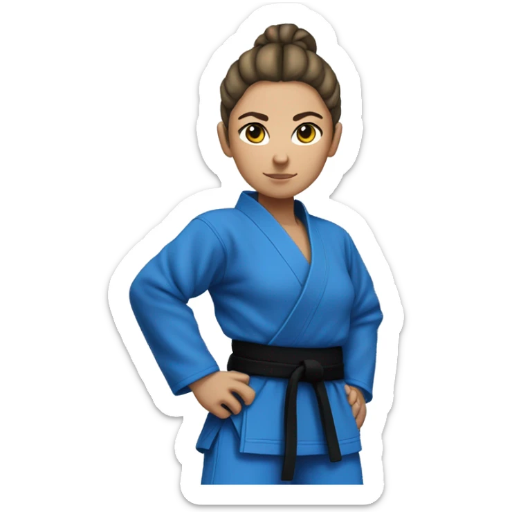 female judo athlete all blue robe with black belt, serious face, hair in a bun. Plus sided, full body sticker