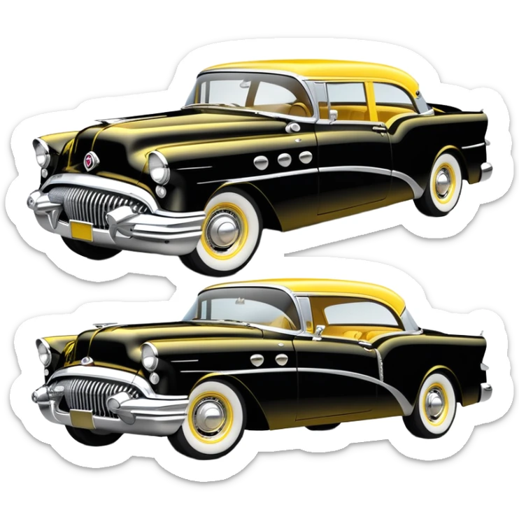 vintage hot rod, based on 1956 Buick Century, yellow and black color scheme, shiny details sticker