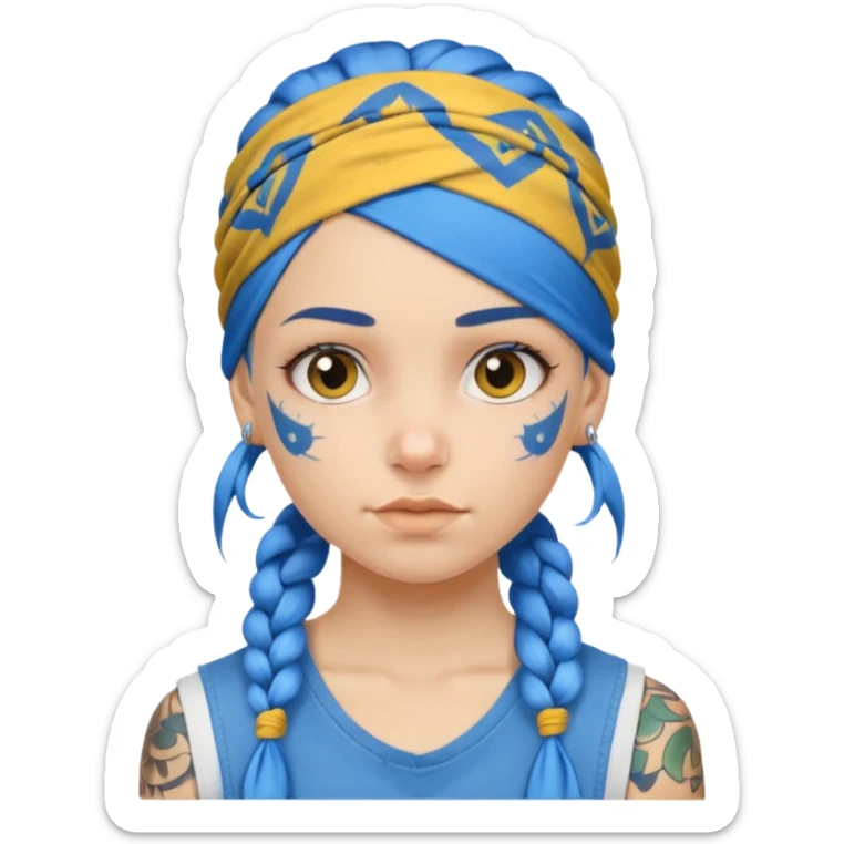 blue braided hair with yellow head bandana and lots of face tattoo girl sticker
