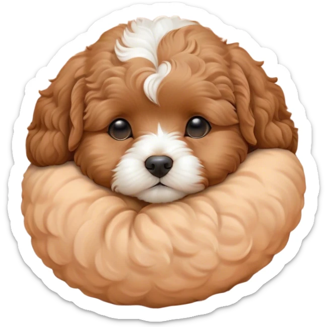 Cinematic cute Sleeping Cavoodle Portrait Emoji, cute and serene, with a round, cuddly build and a soft, curly apricot coat with subtle white patches, eyes gently closed in peaceful slumber, Simplified yet irresistibly endearing features, highly detailed, glowing with a gentle, dreamy glow, high shine, relaxed and content, stylized with a touch of whimsy, bright and heartwarming, soft glowing outline, capturing the essence of a blissfully sleepy companion, so comically serene it feels like it could roll out of the screen and snore with adorable charm! sticker