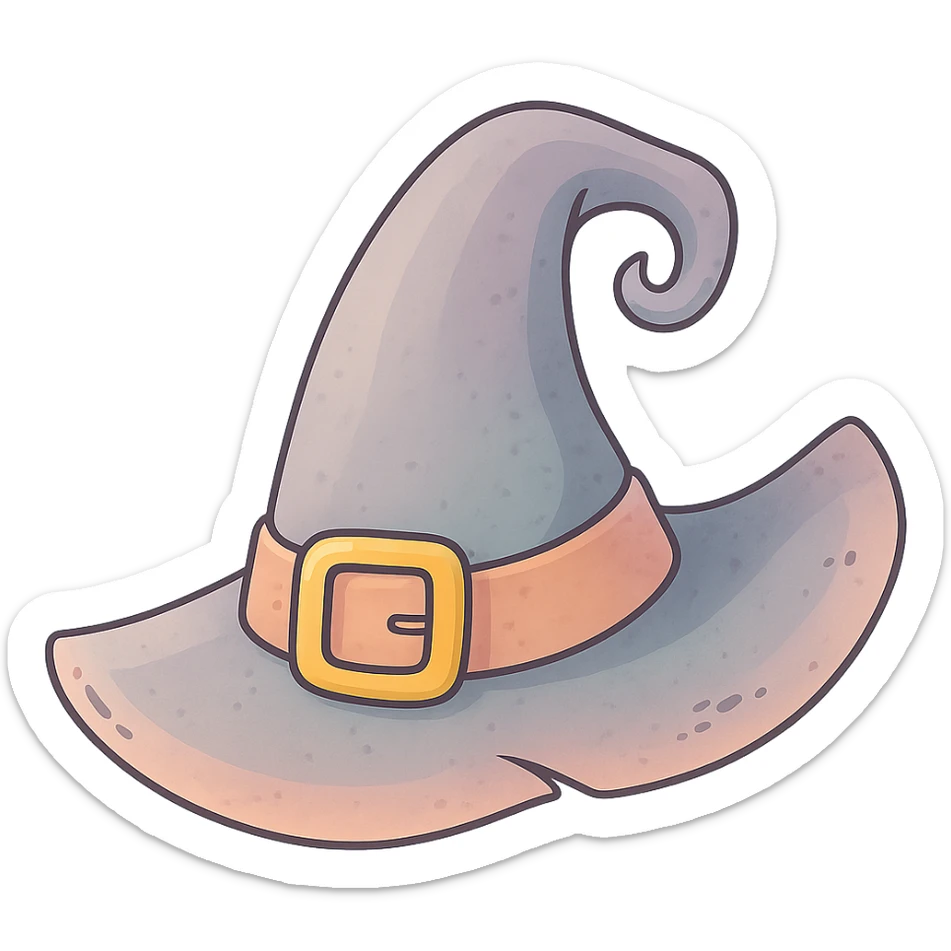 Edit the witch hat to be crooked with a buckle and ribbon, volumetric with detailed shadows and highlights, textured with thin clean contours and soft rounded shapes. Use a pastel palette including #98B5BC, #B5B3C1, #C9A3C9, #E4C0CA, #F7DCD1, #F7C0AA. Style it in modern Japanese pop-art and sticker aesthetics with soft lighting and transparent background. sticker