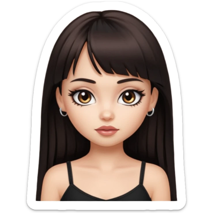 generate a pretty bratz girl in black cami top, dark brown straight long hair with bangs, eyeliner on. dark brown eyes sticker