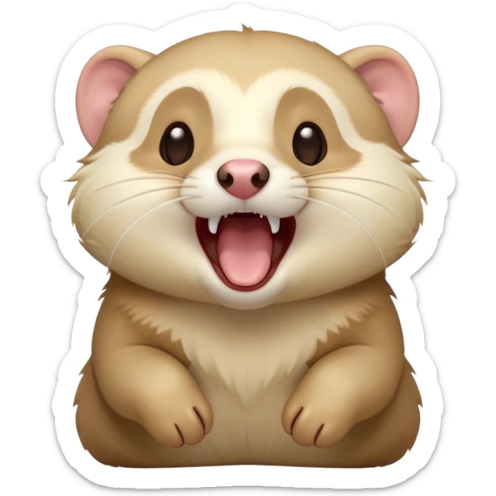 Cinematic Cute Yawning Ferret Portrait Emoji, Head tilted slightly with an exaggerated, wide-open yawn, showcasing a long, flexible body with a plush coat in soft brown and cream, droopy, drowsy eyes, and a relaxed expression, Simplified yet irresistibly endearing features, highly detailed, glowing with a soft, cozy natural glow, high shine, relaxed yet expressive, stylized with a dash of whimsical charm, soft glowing outline, capturing the essence of a sleepy yet affectionate ferret that seems ready to curl up for a nap! sticker