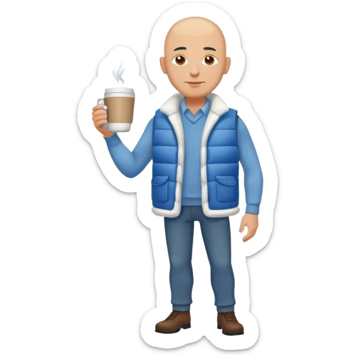 full body bald man wearing long sleeve white shirt with blue puffy winter vest holding a cup of coffee in front of him  sticker