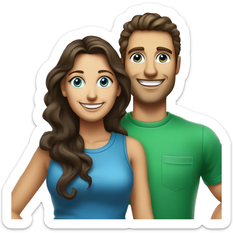 Woman with blue eyes and dark brown long wavy straight hair smiling standing next to a man with short but curly on top dark brown hair and blue/green colored together posing for a picture to put onto their flyer for their address curb painting service  sticker