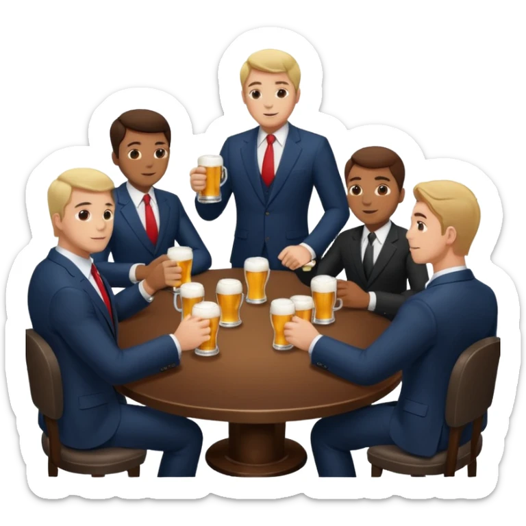 a business meeting of serious businessmen in suits at a round table, drinking beer. sticker