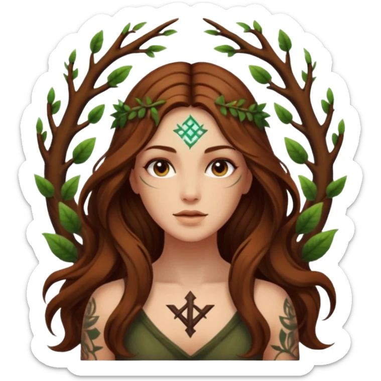 idea moment forest woman long wavy brown hair tattoos glowing rune above head sticker