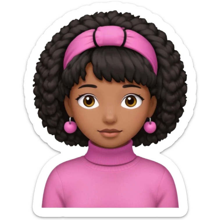 black fluffy haired girl with pink turtleneck sweater and hair band sticker